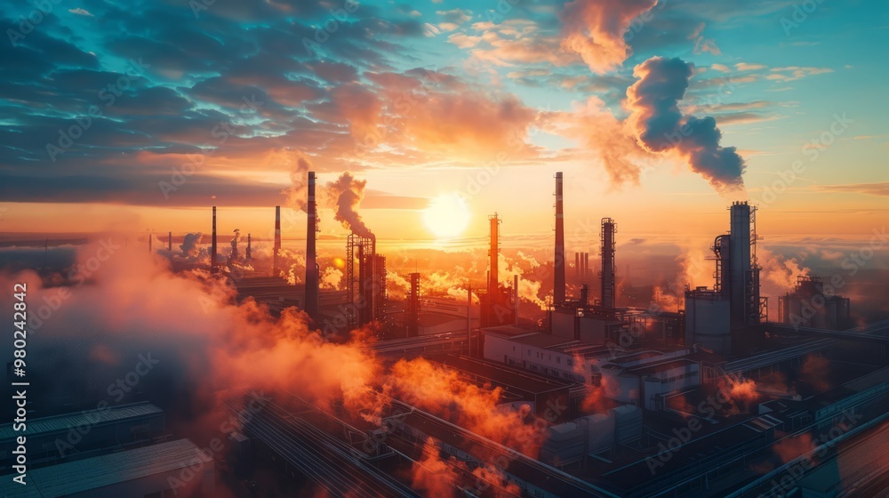Panoramic view of an industrial manufacturing plant at sunrise, factory workers arriving, modern architecture, sleek industrial design