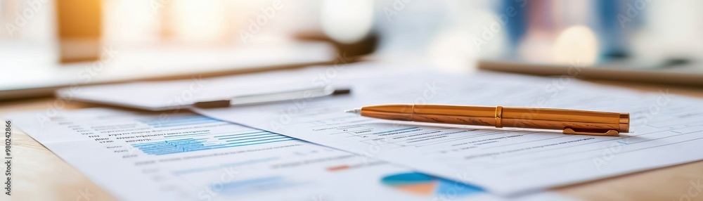 Close-up of a pen on financial documents, showcasing charts and reports, ideal for business and finance themes. Close-up of a pen on financial documents, showcasing charts and reports, ideal for business and finance themes.