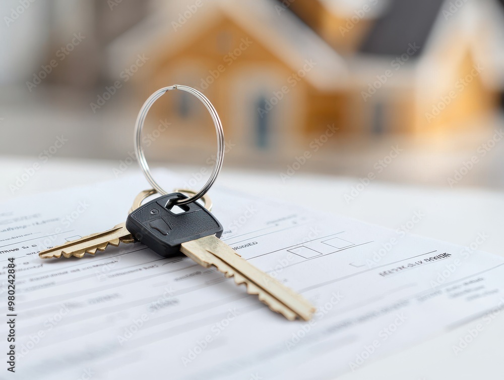 Close-up of house keys resting on a document, symbolizing home ownership and real estate transactions. Close-up of house keys resting on a document, symbolizing home ownership and real estate transactions.