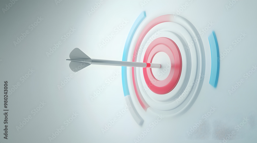 Red dart hitting bullseye on target, symbolizing business success and achieving goals through accurate aiming and strategic marketing Red dart hitting bullseye on target, symbolizing business success and achieving goals through accurate aiming and strategic marketing