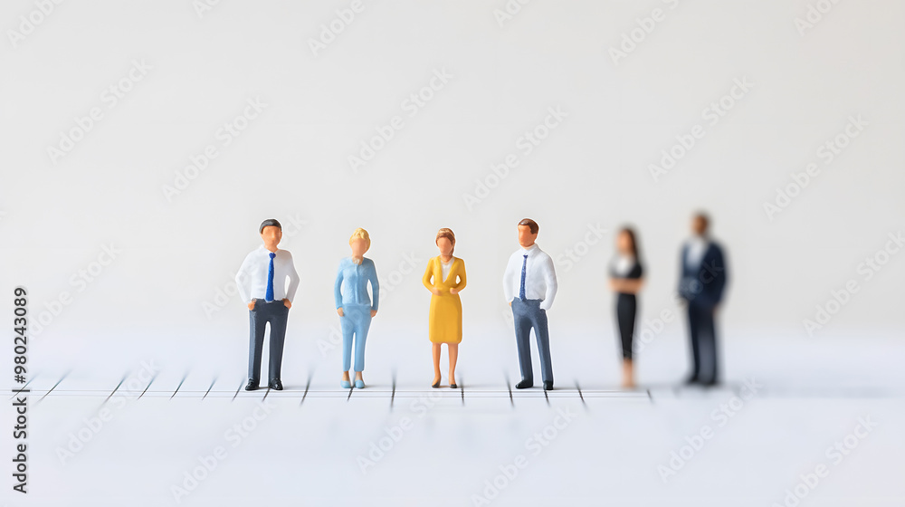 Silhouettes of miniature business people team , customer section group standing in office illustration Silhouettes of miniature business people team , customer section group standing in office illustration