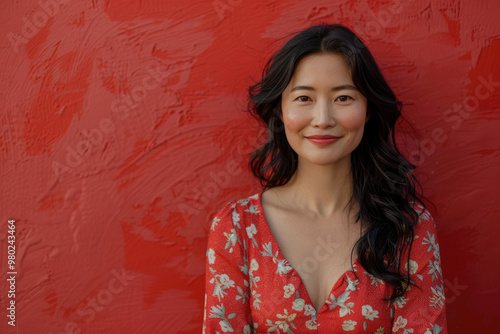 A young woman smiles at the camera with a red background