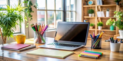 A modern laptop dissolves into a tidy workspace, symbolizing the harmonious merge of technology and creativity, surrounded by colorful pens, papers, and inspirational objects.