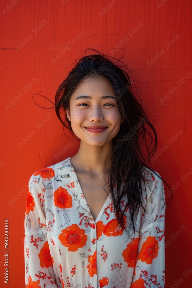 A young woman smiles at the camera with a red background