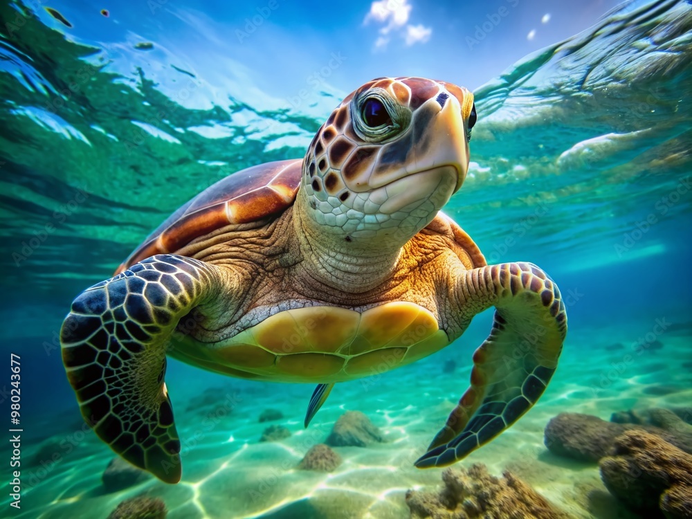 Fototapeta premium Magnificent green sea turtle breaks the ocean's surface, showcasing its distinctive beaked head and heart-shaped shell, symbolizing wildlife conservation and rescue efforts.