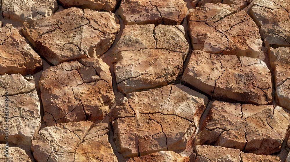 Fototapeta premium Textured clay brick with irregular shapes and warm earth tones, providing a classic backdrop for traditional architecture.