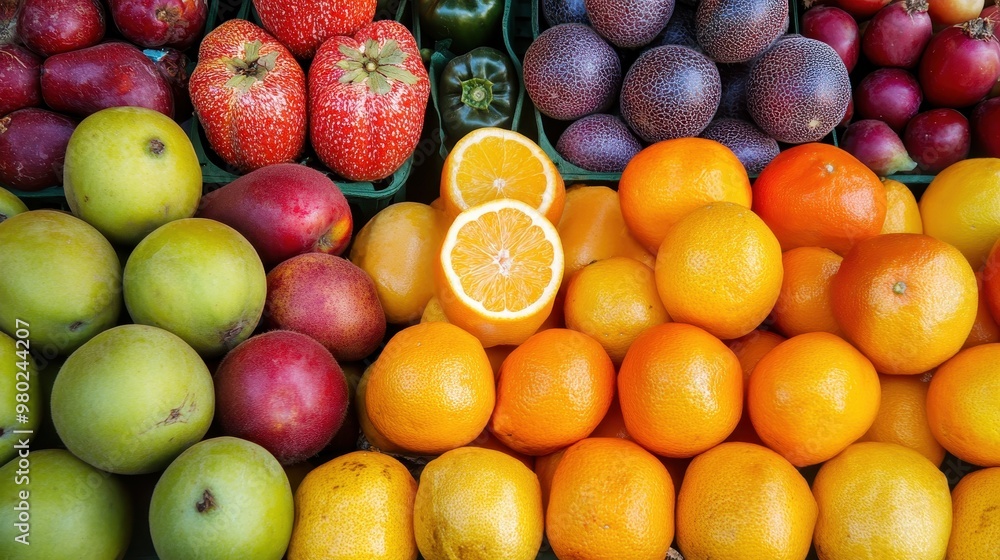 Vibrant Fruit Display: Oranges, Apples, Passion Fruit, and More Vibrant Fruit Display: Oranges, Apples, Passion Fruit, and More