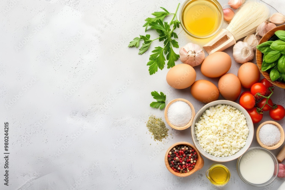 Fresh ingredients on a marble surface ready for cooking, featuring eggs, tomatoes, herbs, and various spices. Fresh ingredients on a marble surface ready for cooking, featuring eggs, tomatoes, herbs, and various spices.