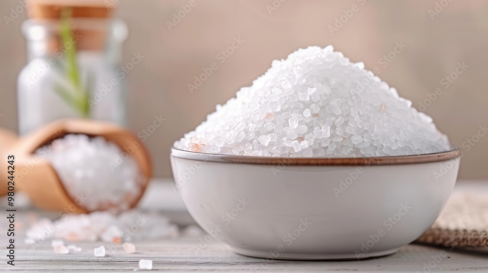 A close-up of a bowl filled with fine white salt, showcasing its texture and purity against a minimalistic background. A close-up of a bowl filled with fine white salt, showcasing its texture and purity against a minimalistic background.