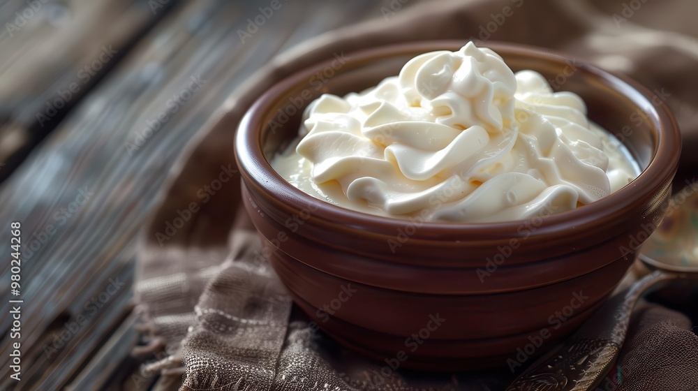 A creamy swirl of fresh whipped cream in a rustic bowl, perfect for enhancing desserts and adding a rich, indulgent touch. A creamy swirl of fresh whipped cream in a rustic bowl, perfect for enhancing desserts and adding a rich, indulgent touch.