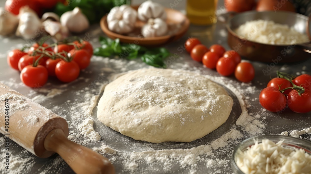 Making homemade pizza dough with a rolling pin, and fresh toppings laid out on a kitchen counter Making homemade pizza dough with a rolling pin, and fresh toppings laid out on a kitchen counter
