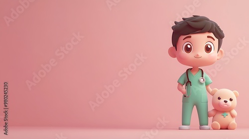 Cartoon Doctor with Stethoscope Examining a Teddy Bear