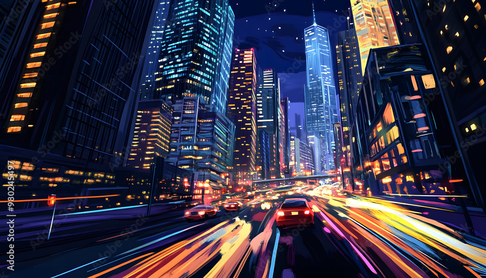 Naklejka premium A bustling city at night, with skyscrapers illuminated and traffic creating streaks of light