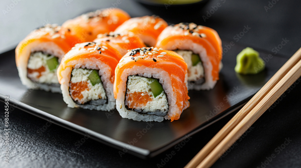 delicious salmon sushi rolls on black plate with chopsticks - japanese cuisine, food photography delicious salmon sushi rolls on black plate with chopsticks - japanese cuisine, food photography