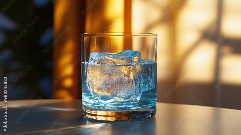 glass of cold water with ice cubes on table with warm background lighting glass of cold water with ice cubes on table with warm background lighting