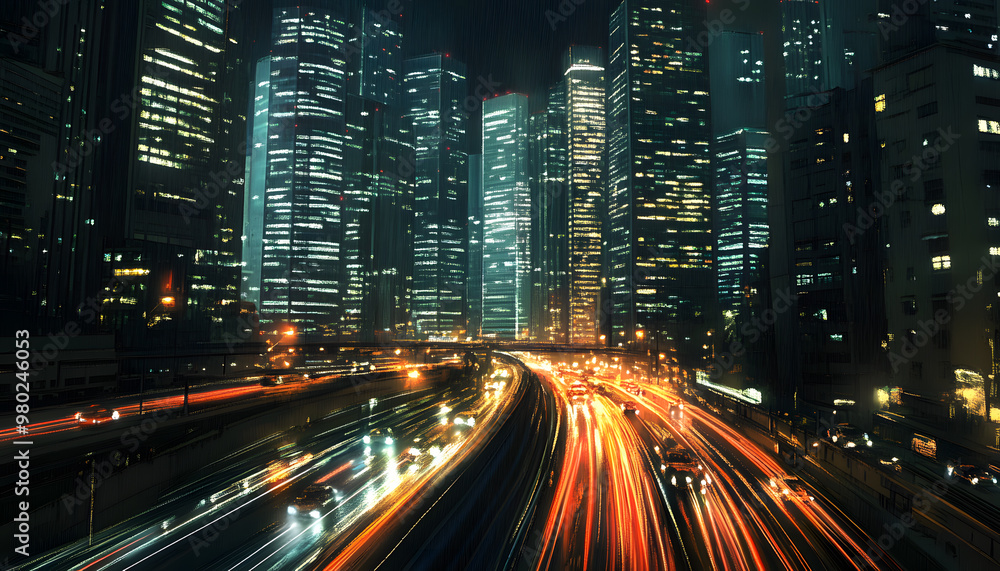 Naklejka premium A bustling city at night, with skyscrapers illuminated and traffic creating streaks of light