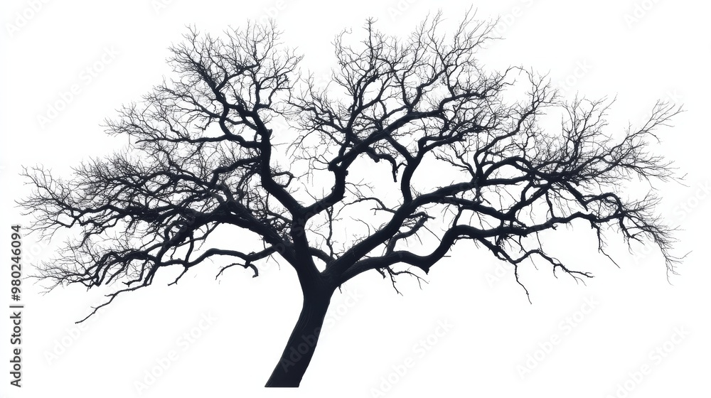 Fototapeta premium Spooky tree silhouette with bare branches, isolated on a white background
