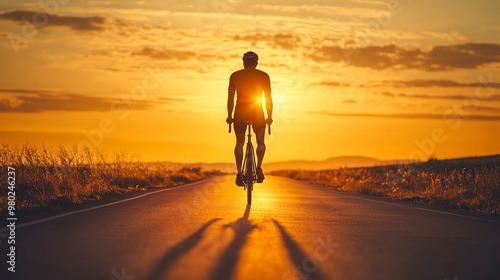 Rear back view silhouette shadow of a cyclist man riding a bike bicycle on asphalt road at orange twilight dusk sunset sky. Summer outdoor sport activity lifestyle, healthy male evening travel 