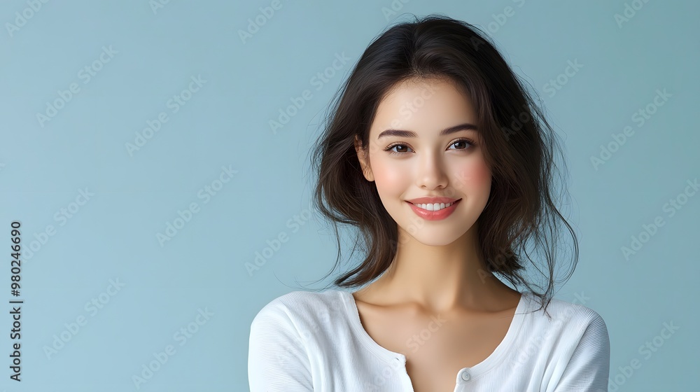 A young woman smiles brightly against a soft blue background, exuding confidence and warmth in her expression. A young woman smiles brightly against a soft blue background, exuding confidence and warmth in her expression.