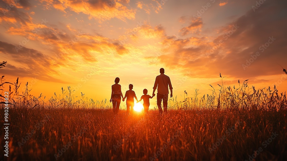 happy family, mother, father, children son and daughter on nature on sunset happy family, mother, father, children son and daughter on nature on sunset