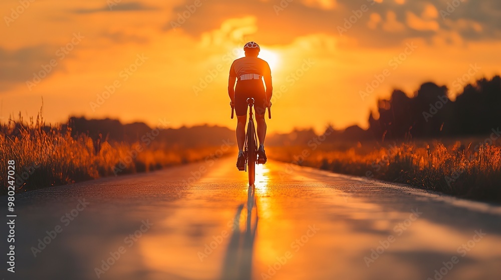 Back view silhouette shadow of a cyclist riding a bicycle on asphalt road at orange twilight dusk sunset sky. Summer outdoor activity and lifestyle, healthy male evening travel. Back view silhouette shadow of a cyclist riding a bicycle on asphalt road at orange twilight dusk sunset sky. Summer outdoor activity and lifestyle, healthy male evening travel.