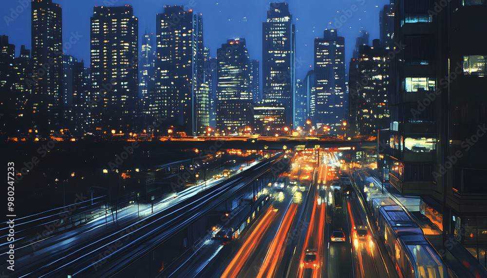 Naklejka premium A bustling city at night, with skyscrapers illuminated and traffic creating streaks of light