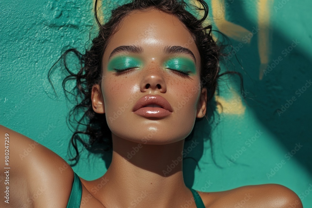 Vibrant Street Art Portrait of a Young Woman with Bold Green Makeup Under Natural Light Vibrant Street Art Portrait of a Young Woman with Bold Green Makeup Under Natural Light