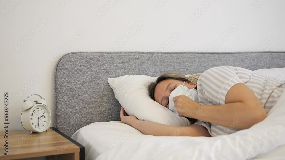 Woman wearing mask sick with flu virus lies in bed suffering from high fever Her face shows discomfort as the virus takes its toll Perfect for depicting virus-related illness or quarantine situations Woman wearing mask sick with flu virus lies in bed suffering from high fever Her face shows discomfort as the virus takes its toll Perfect for depicting virus-related illness or quarantine situations
