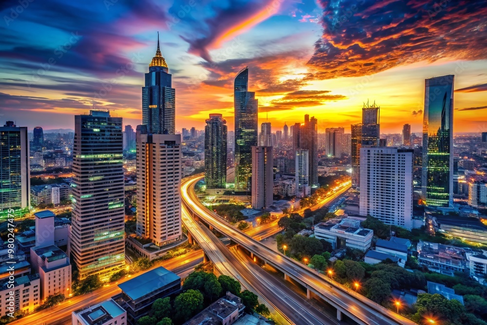 Fototapeta premium Modern cityscape of Bangkok at sunset with futuristic skyscrapers, LED lights, and high-tech infrastructure, showcasing smart city development and innovative IoT technology integration.