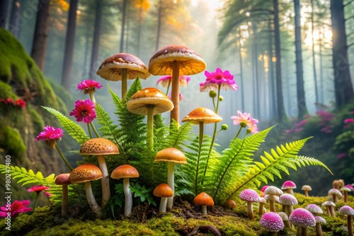 Vibrant wild mushrooms with intricate caps and sturdy stems thrive among lush greenery, colorful blossoms, and delicate ferns on a misty forest floor. photo