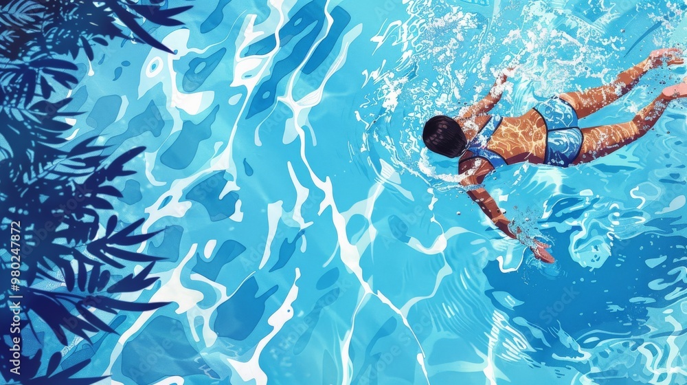 An illustrated scene of a woman in a bikini diving gracefully into a crystal-clear pool An illustrated scene of a woman in a bikini diving gracefully into a crystal-clear pool