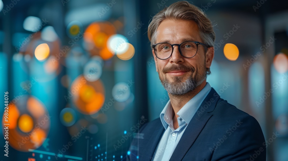 Caucasian businessman in a modern corporate setting, using interactive digital tools to present quarterly results to a diverse group of stakeholders Caucasian businessman in a modern corporate setting, using interactive digital tools to present quarterly results to a diverse group of stakeholders