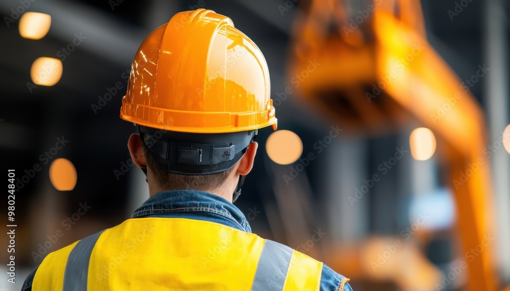 A construction worker in an orange helmet oversees a building site ...