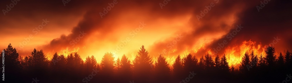 A dramatic sunset behind a forest engulfed in flames, capturing the intensity of a wildfire and its impact on nature. A dramatic sunset behind a forest engulfed in flames, capturing the intensity of a wildfire and its impact on nature.