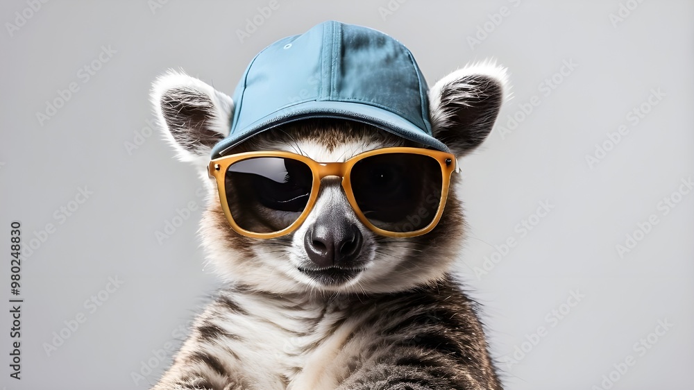 Lemur wearing hat and sunglasses on white background Lemur wearing hat and sunglasses on white background