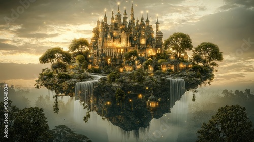 Magical floating island castle surrounded by forest and waterfalls in fantasy landscape