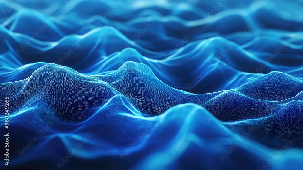 Obraz premium 3D blue AI-generated waves cascading over a minimal abstract background, creating a futuristic atmosphere. No people or logos.