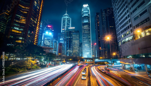 A bustling city at night, with skyscrapers illuminated and traffic creating streaks of light