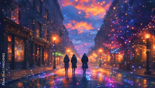 Enchanting dusk stroll through a luminous city street adorned with magical sparkles and vibrant lights photo