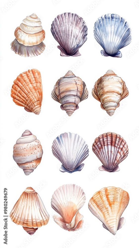Shellfish illustrated in watercolor style, with soft, flowing colors and delicate brushstrokes emphasizing its natural forms. Shellfish illustrated in watercolor style, with soft, flowing colors and delicate brushstrokes emphasizing its natural forms.