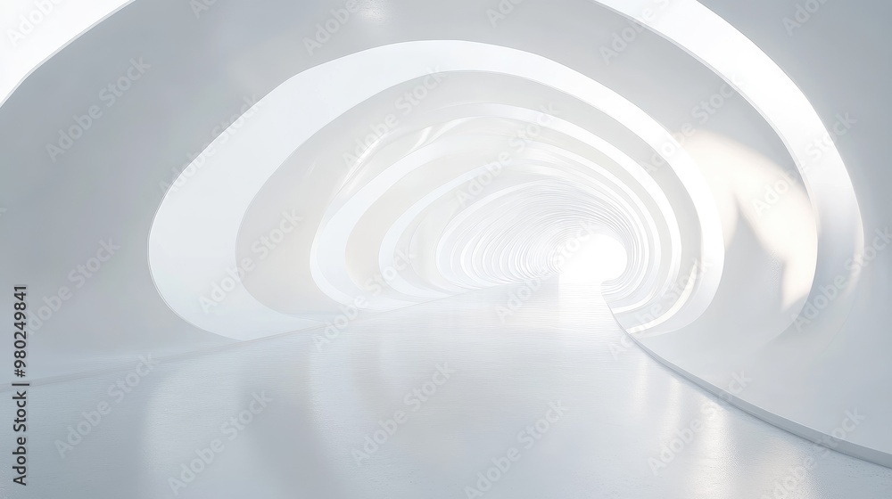 Obraz premium A clean, minimal 3D curved tunnel in white, creating an abstract, futuristic environment. No people or logos.