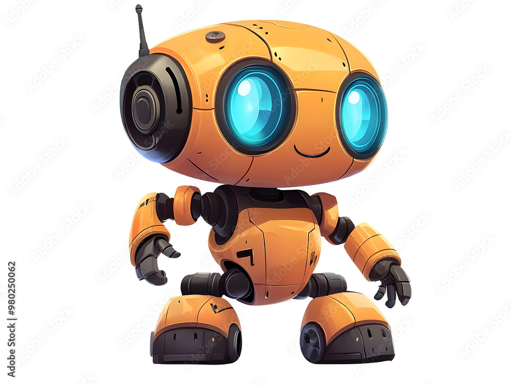 A cheerful, futuristic robot with bright blue eyes, perfect for technology, innovation, or children's illustrations. A cheerful, futuristic robot with bright blue eyes, perfect for technology, innovation, or children's illustrations.