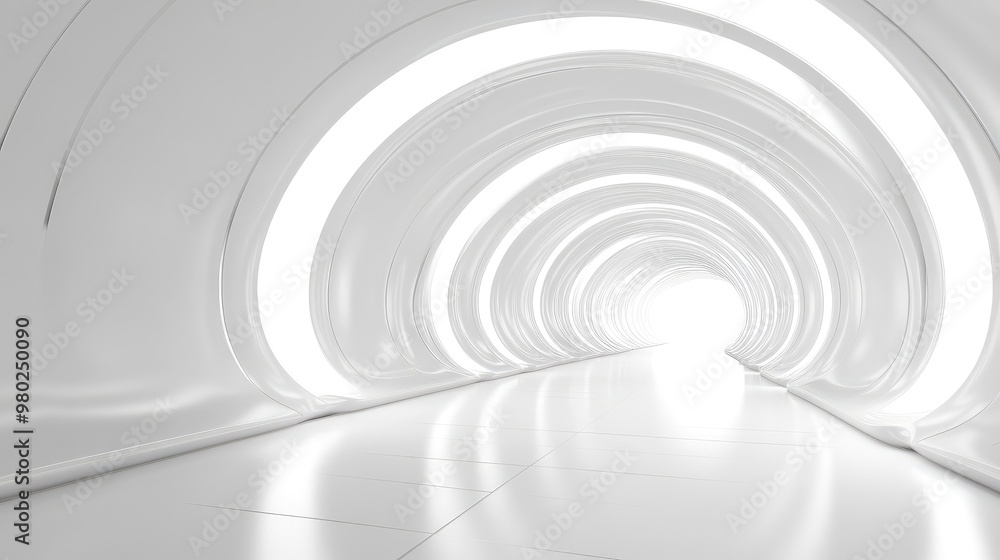 A futuristic 3D curved tunnel in white, with clean lines and a modern design, evoking a sense of depth. No people or logos. A futuristic 3D curved tunnel in white, with clean lines and a modern design, evoking a sense of depth. No people or logos.