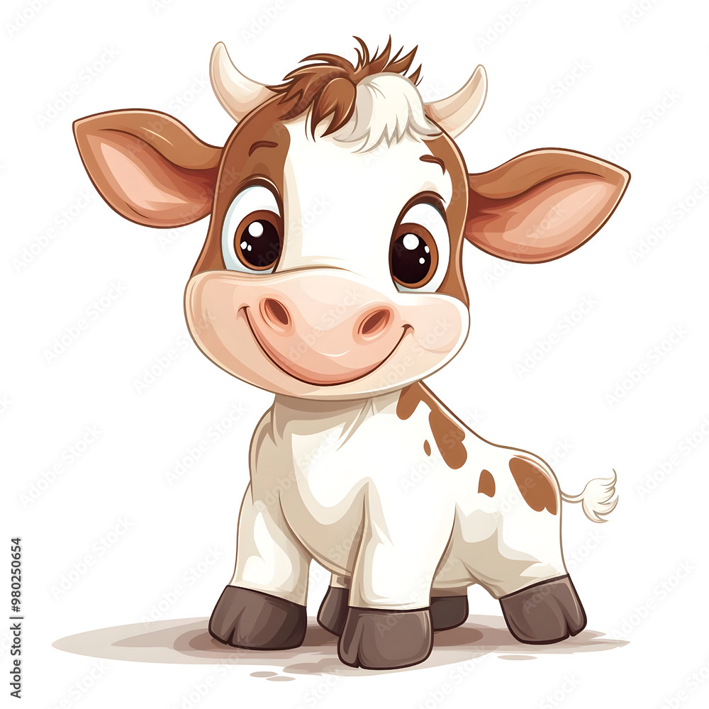Obraz premium A cute cartoon cow with big eyes and a friendly smile, perfect for children's illustrations and farm-themed designs.