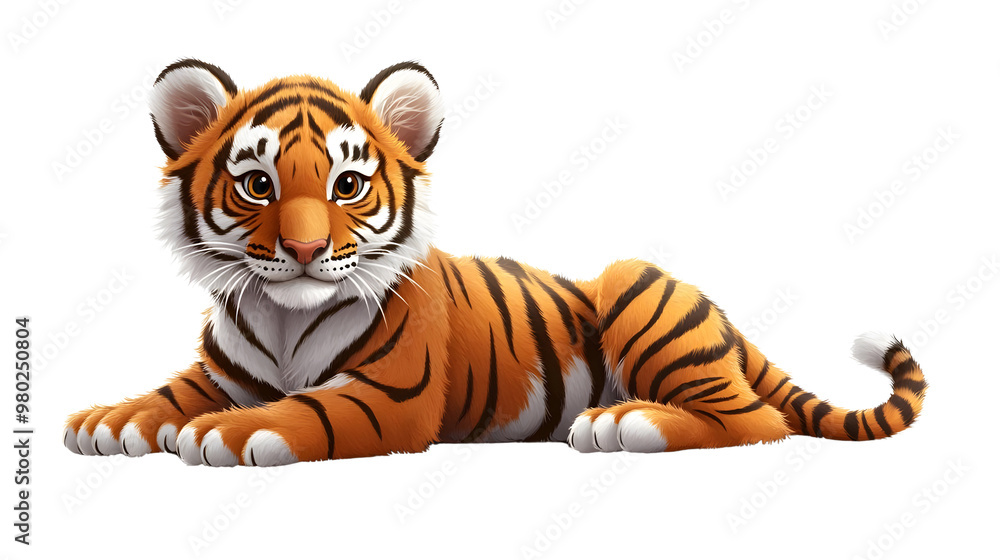 Obraz premium A cute cartoon tiger lying down, showcasing vibrant orange and black stripes, perfect for children's illustrations and designs.