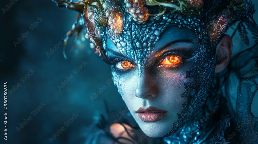 A Halloween makeup transformation merging half-human, half-ocean creature, with scales, barnacles, and glowing seaweed hair, A Halloween makeup transformation merging half-human, half-ocean creature, with scales, barnacles, and glowing seaweed hair,
