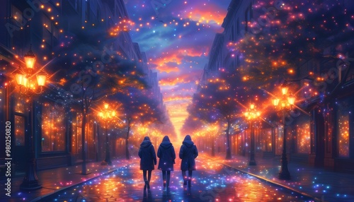 Enchanting dusk stroll through a luminous city street adorned with magical sparkles and vibrant lights photo