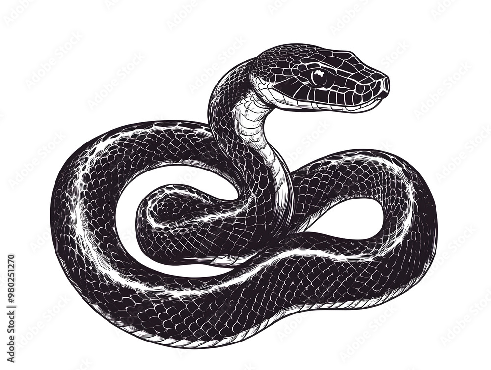 Obraz premium A detailed illustration of a black snake, showcasing its scales and posture, perfect for educational or artistic purposes.