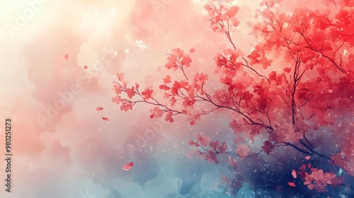 a digital painting depicting cherry blossoms against the backdrop of a tree.