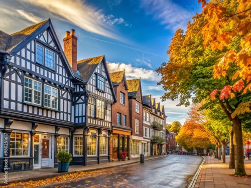 Colorful half-timbered buildings line a quaint English high street on a crisp autumn morning, showcasing traditional architecture and bustling town center activity in Nantwich, Cheshire. photo